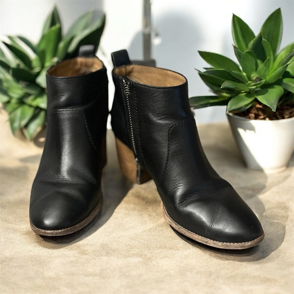 Madewell The Brenner Black Leather Ankle Booties | Women’s 6 | Stacked Heel